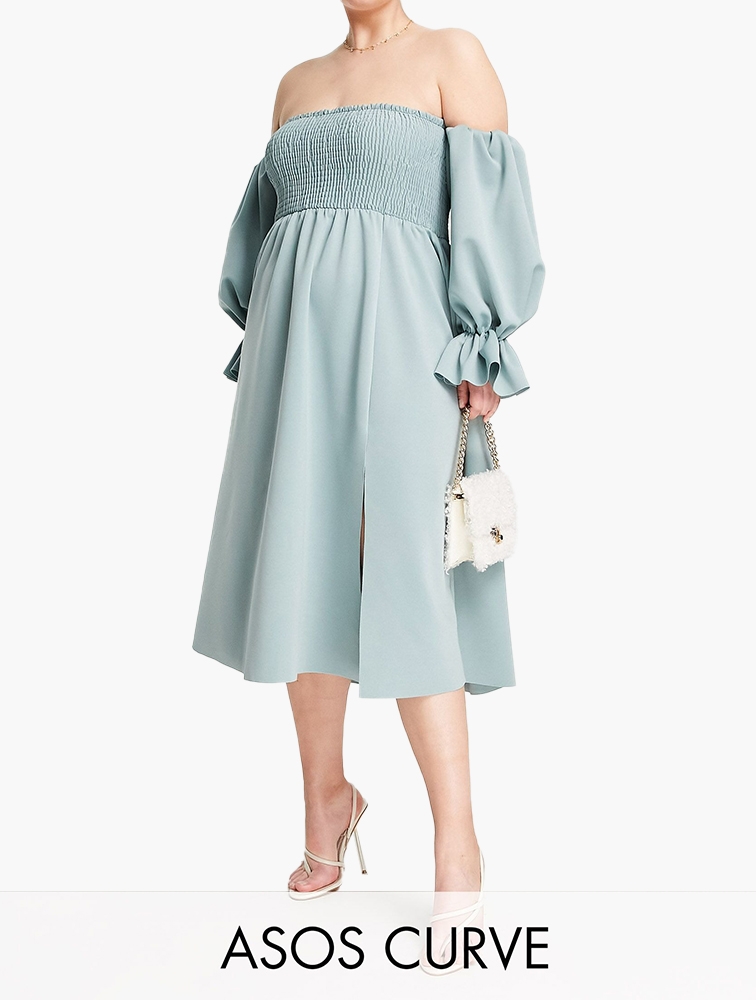 Shirred bardot midi sales dress